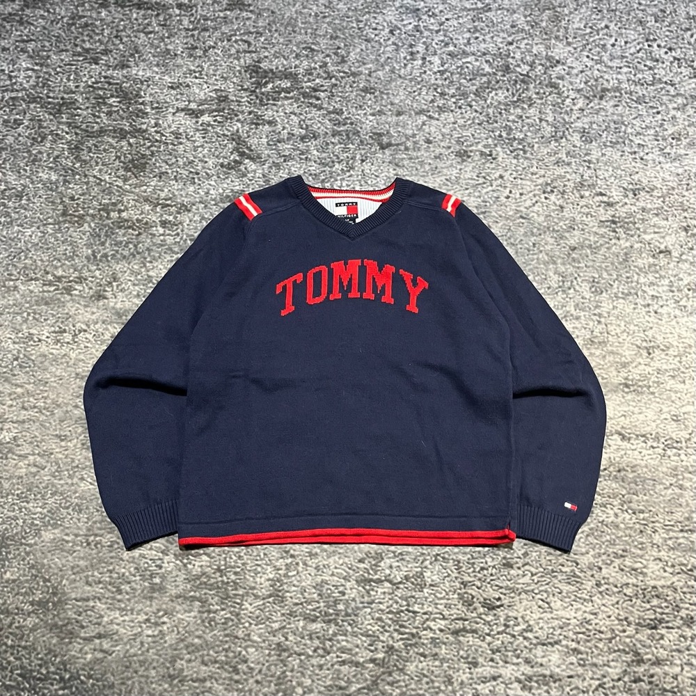 Tommy Hilfiger Sweater Mens Small‎ Navy Blue Preppy Casual Spellout Vintage NEW